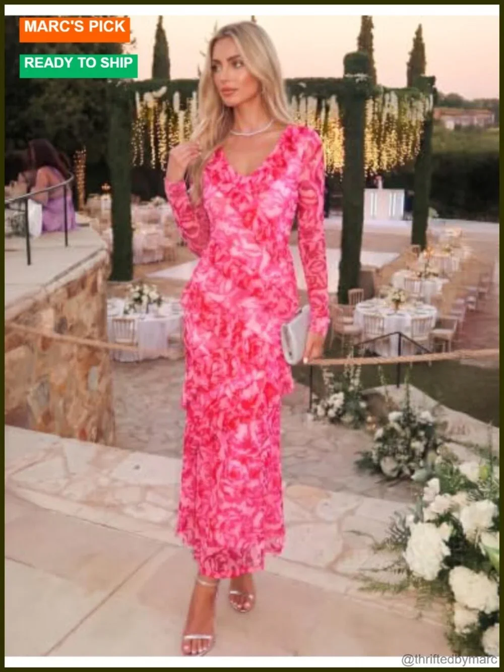 Women's Floral Maxi Dress Long Sleeve V-Neck Bodycon Mermaid Dress